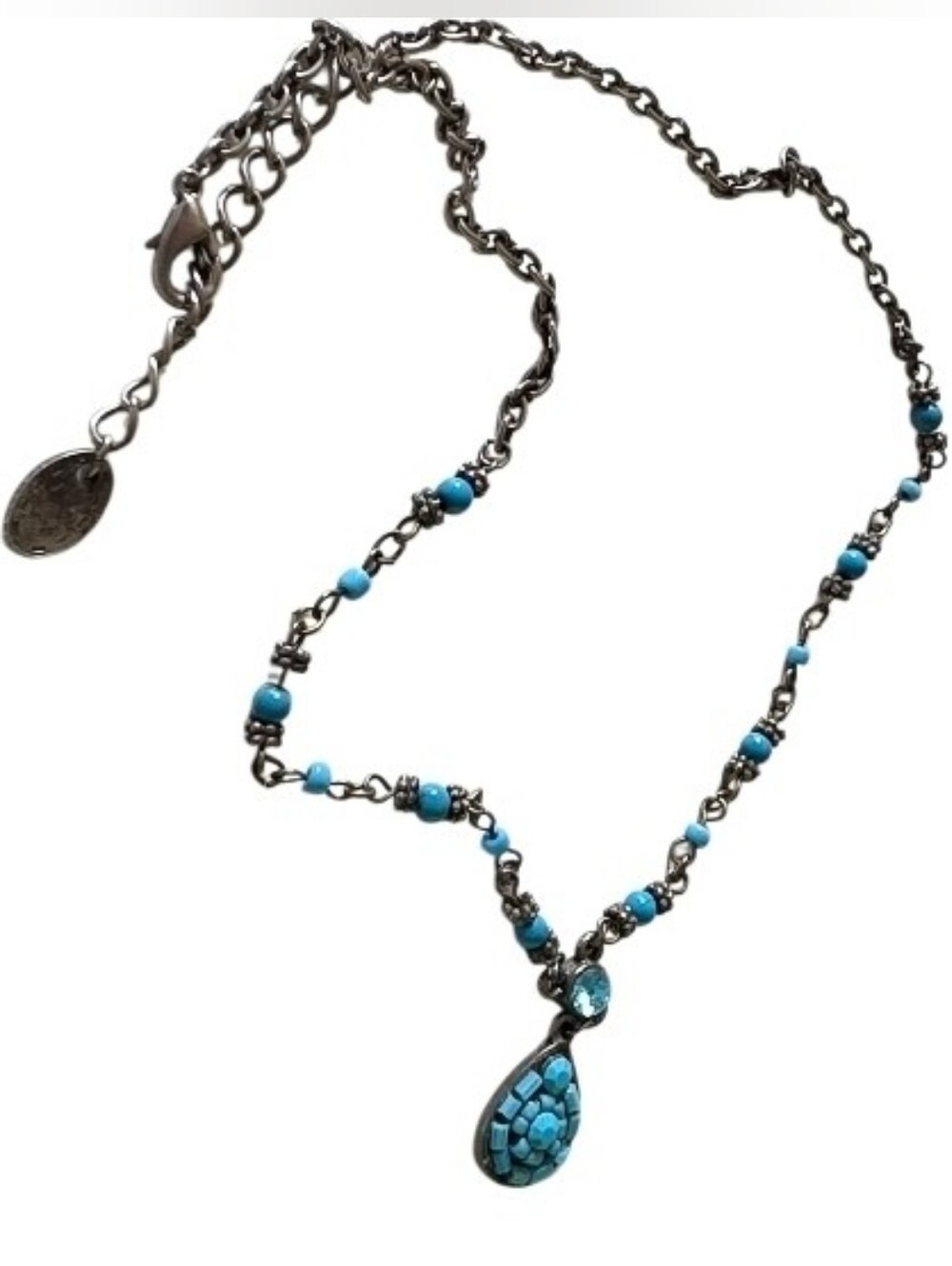 Turquoise Beaded Necklace With Mosaic Teardrop Pendant Silvertone